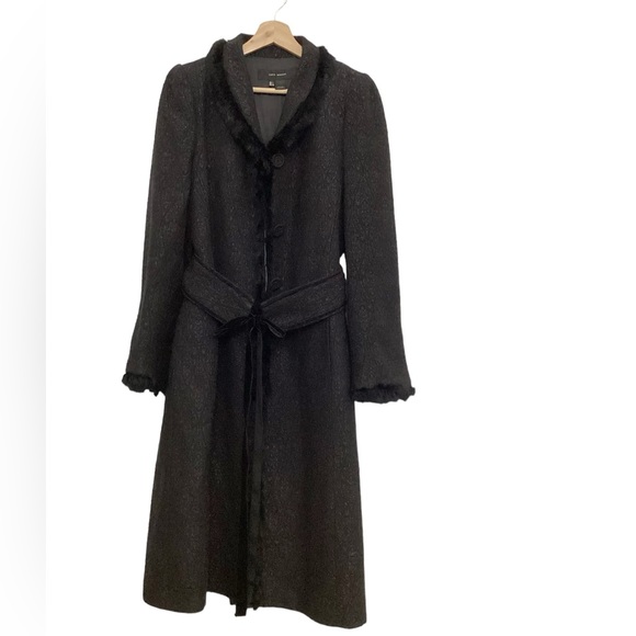 Zara Fur Trim Button Front Belted Long Coat in Black/Silver Metallic Size L - Picture 2 of 16